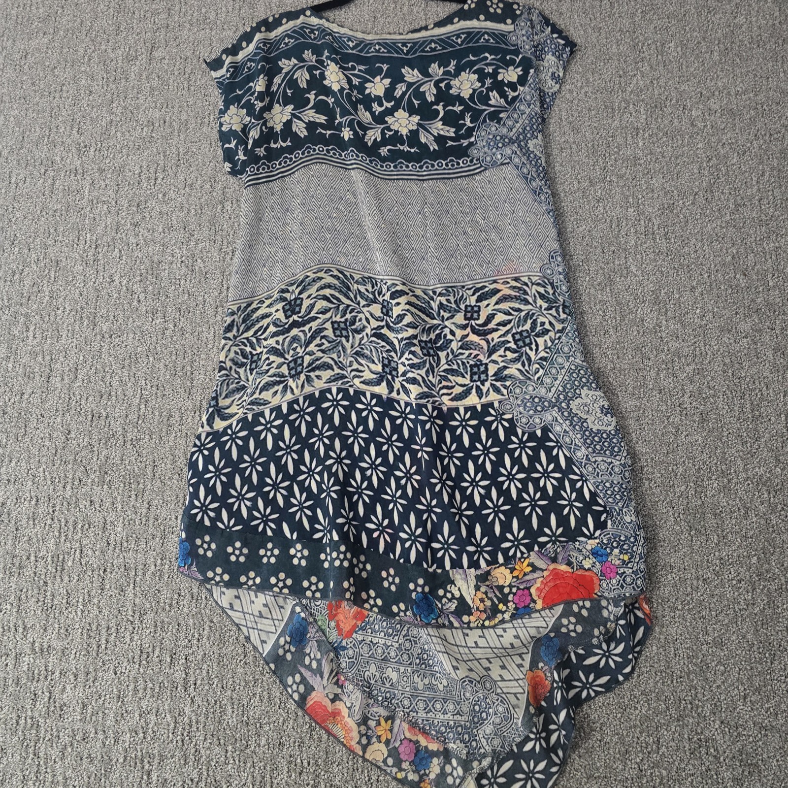 Johnny Was Patchwork Handkerchief Tunic Dress Blue Floral Boho Cupra Rayon S