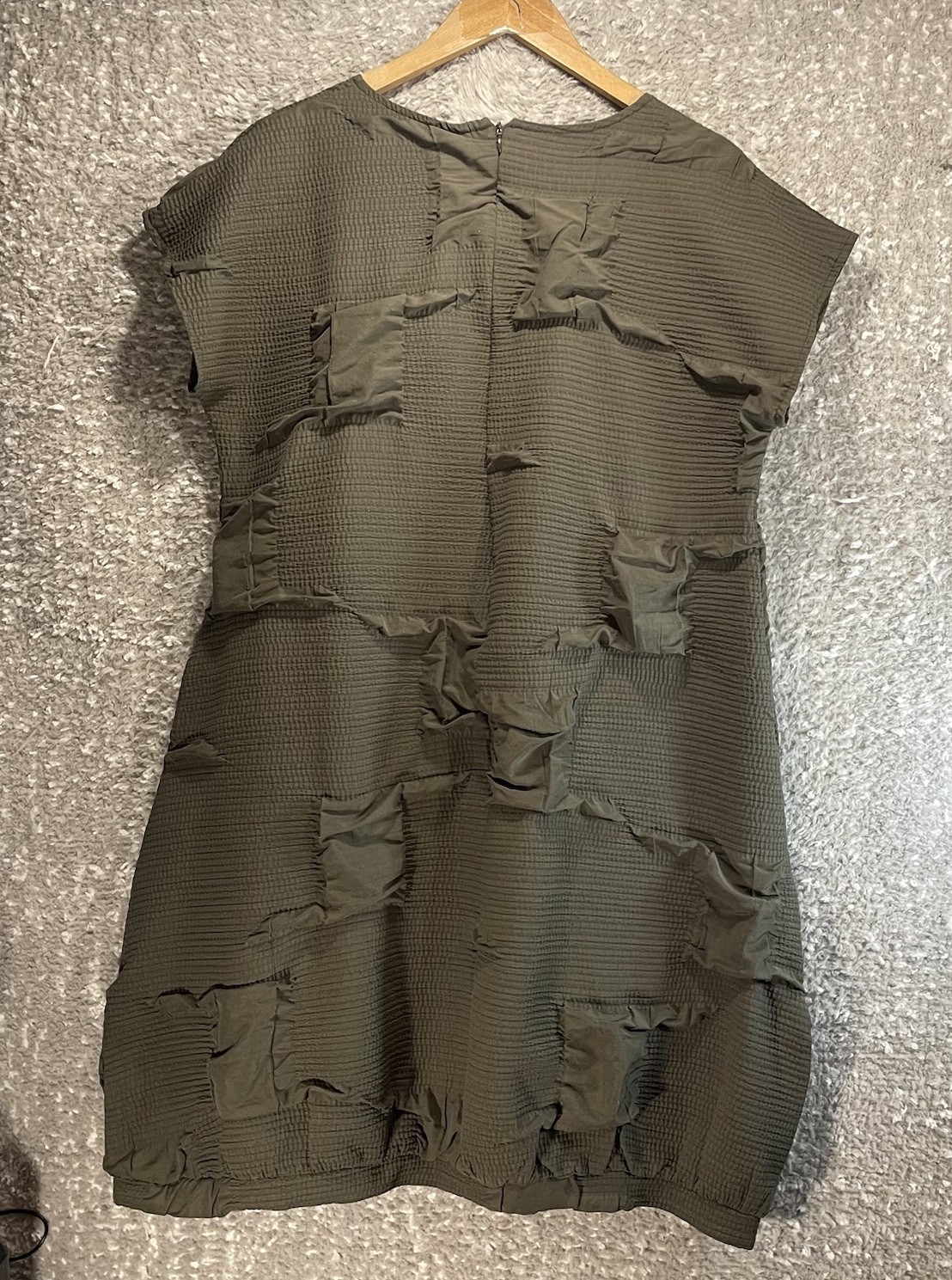 Kozan Olive Green Textured Patchwork Tunic Dress Cap Sleeve S Lagenlook Boho