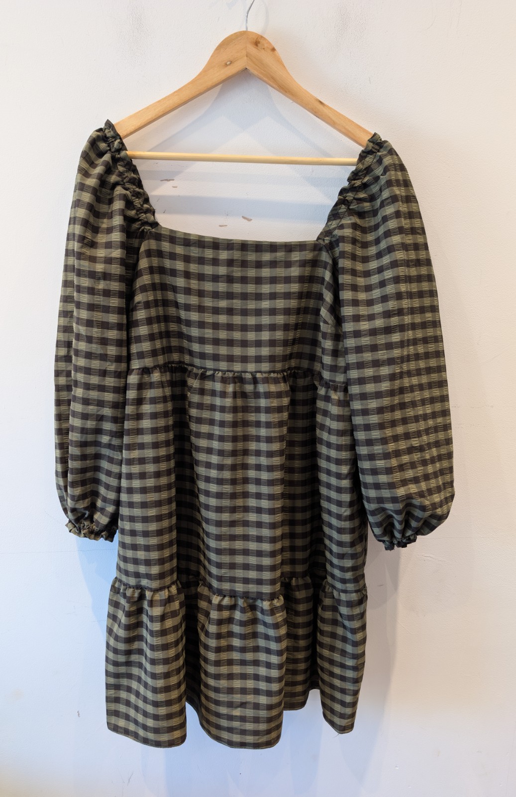 Pep&Co Green Check Smock Dress UK 16 EUR 44 Puff Sleeve Square Neck Tiered Mini