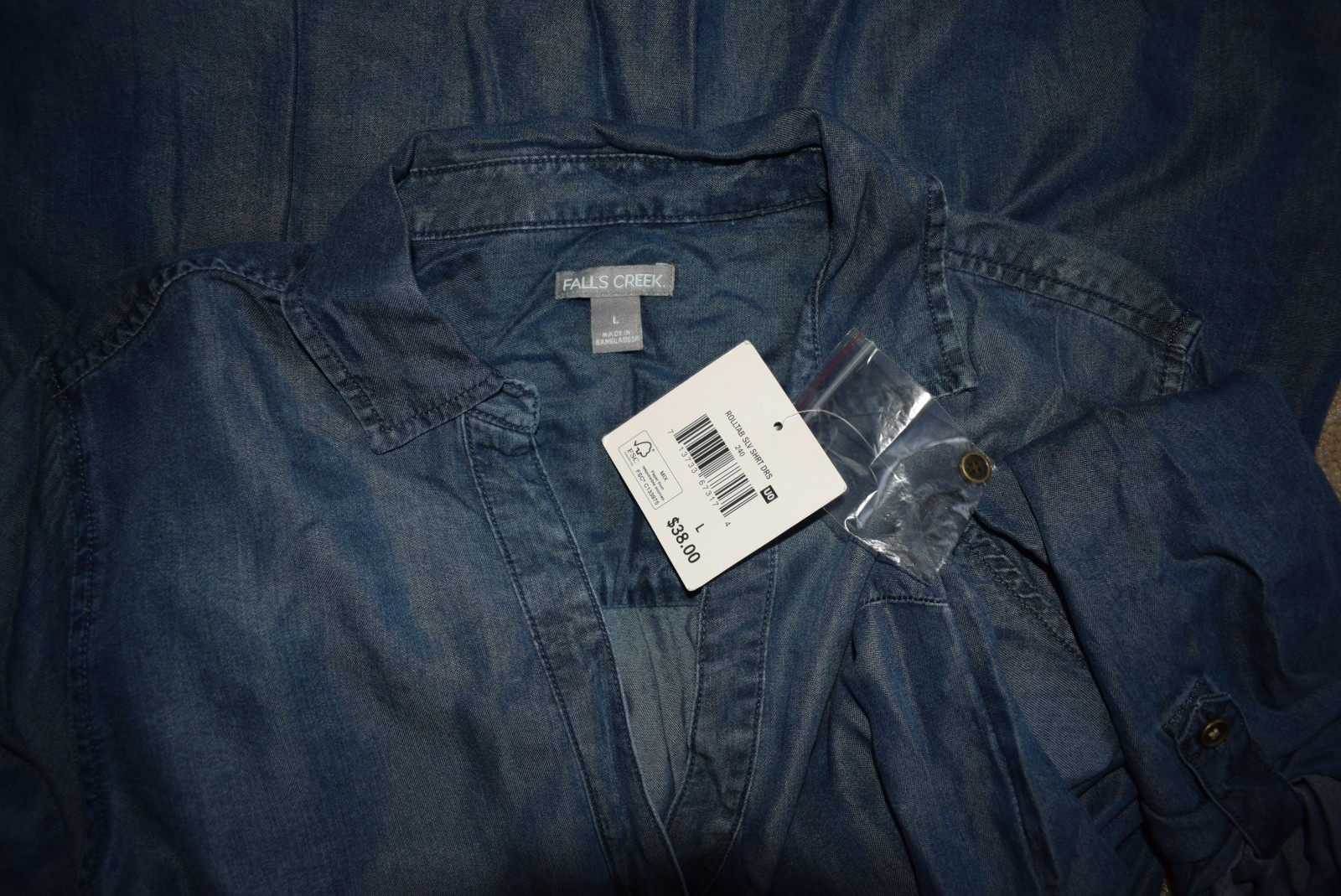New Womens Falls Creek Shirt Dress Large Chambray Blue Roll Tab Sleeve Shift