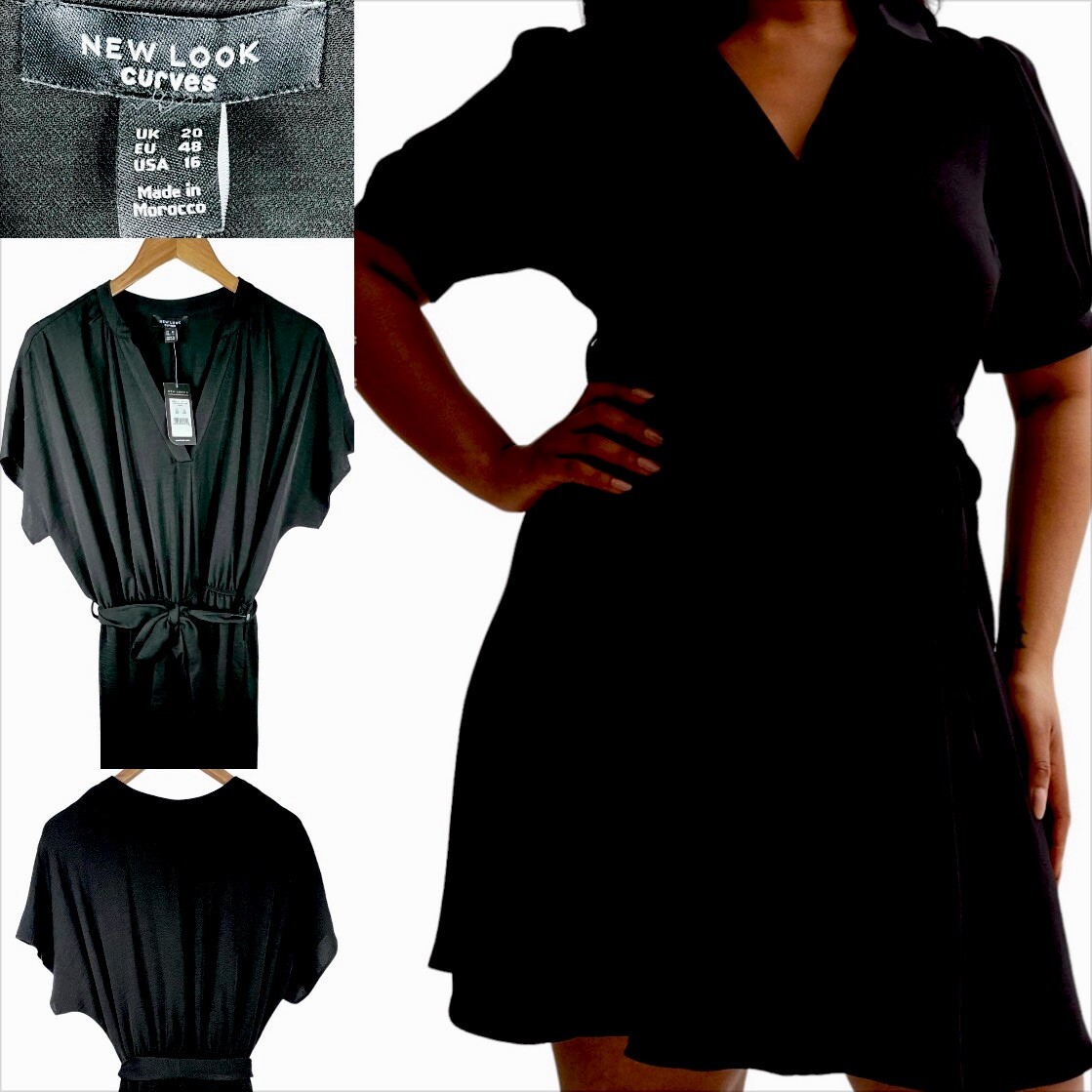 New Look Curves 16 Overhead Shirt Dress Elastic Belted Knee Length Black XL 1X