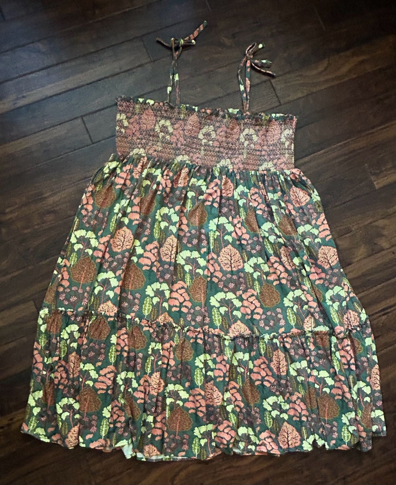 Kate Quinn Women’s Smocked Tie Strap Tiered Prairie Midi Dress Boho Fairy Nature