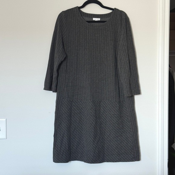 J. Jill Ponte 3/4 Sleeve Dress Gray White Pinstripe Business Corporate Large
