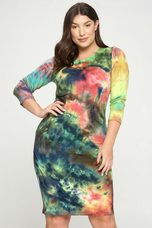 Womens XL/1XL,2XL,3XL Tie Dye Pattern Bodycon Round Neck 3/4 Sleeve Midi Dress