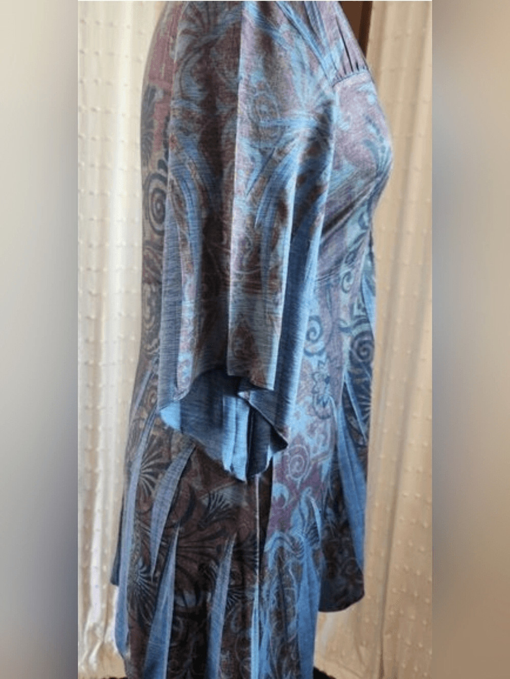 One World Boho Sweathesrt Neck Bell Sleeve Dress in Jewel Tones w borrch accent
