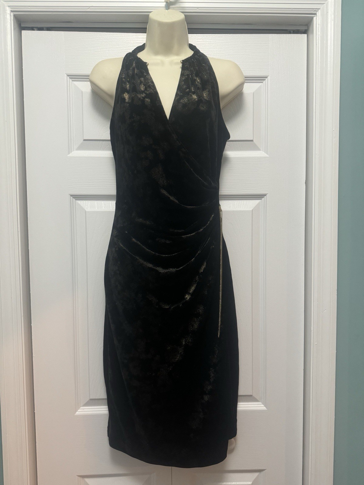 Elie Tahari Cocktail Black Velvet Choker Dress Formal Rouche Waist Size Small