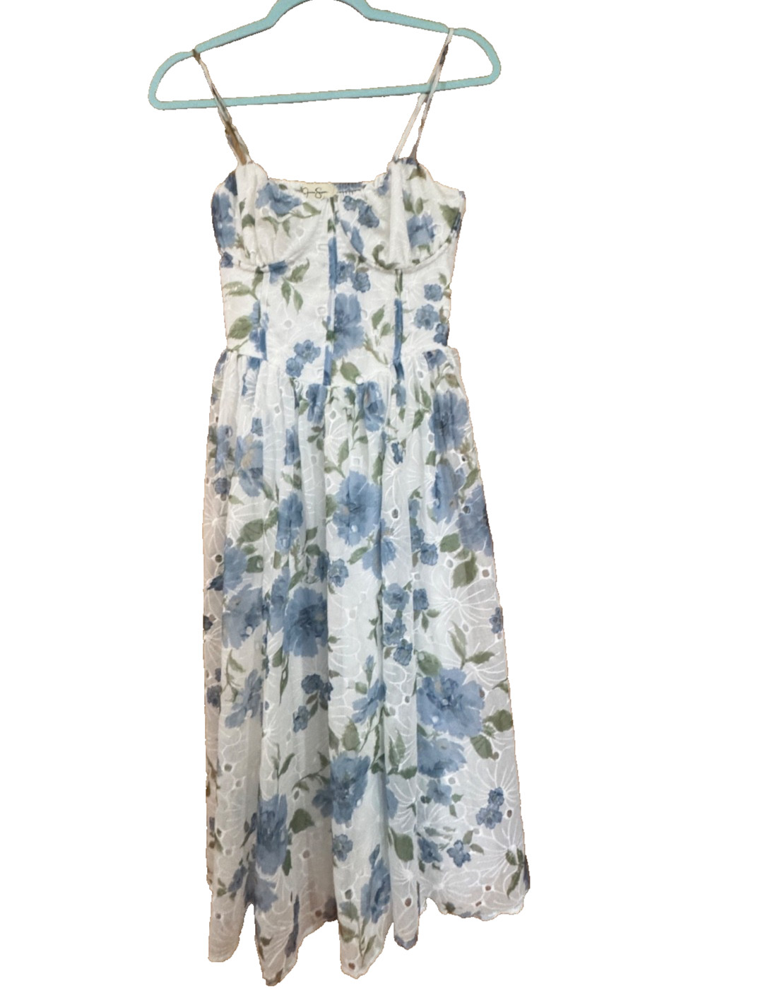 Jessica Simpson- Blue Floral Eyelet Lace Bustier Midi Dress Corset Cottagecore