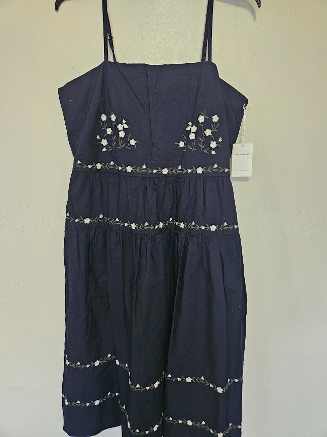 Free Assembly Cotton Midi Dress Navy Blue Floral Embroidered Size XL