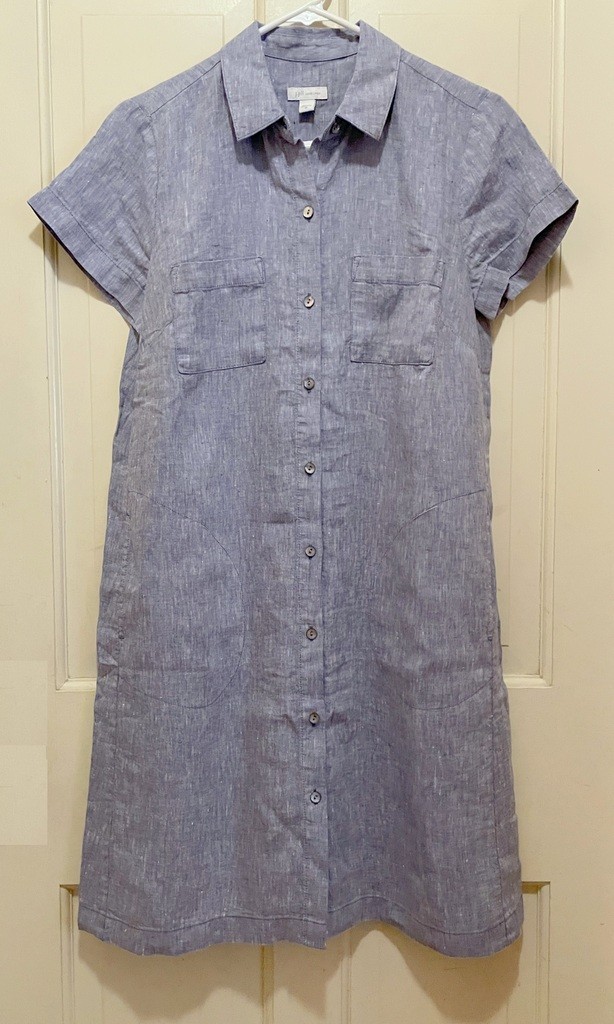 NWT J.Jill Love Linen Blue Button Front SS Shirt Dress w/ Pockets XS