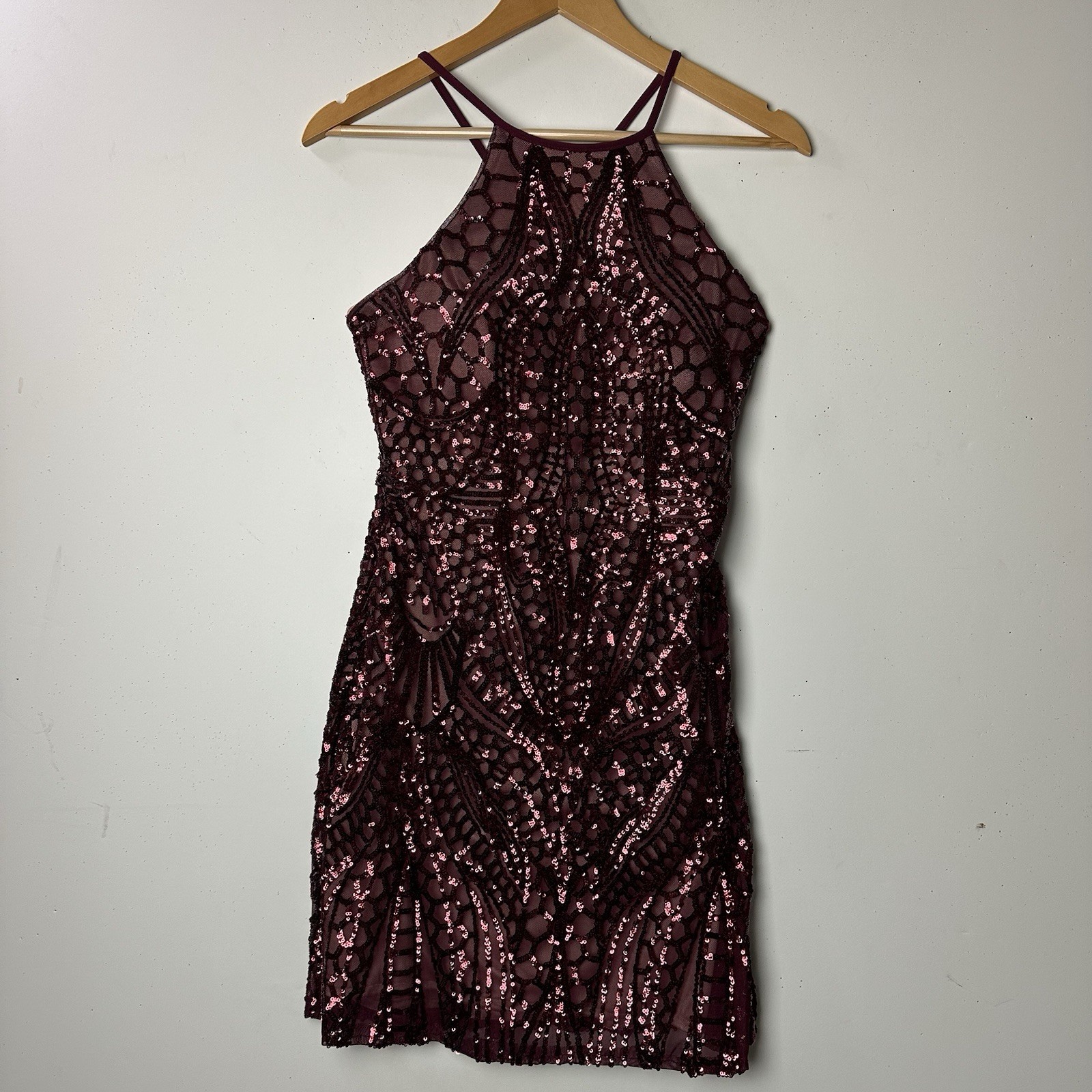 Vtg Y2k 90s Mini Dress Halter Burgundy Sequin Party Cocktail HOCO Prom Party 4