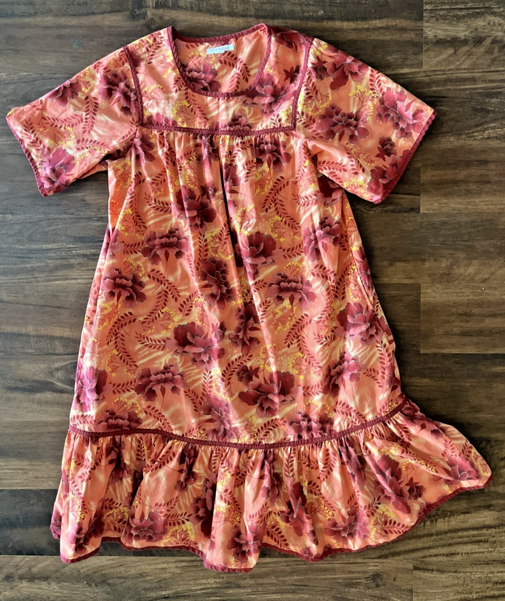 Go Softly Patio M Mumu Housedress Pullover Floral Hawaiian Roomy Orange Pockets