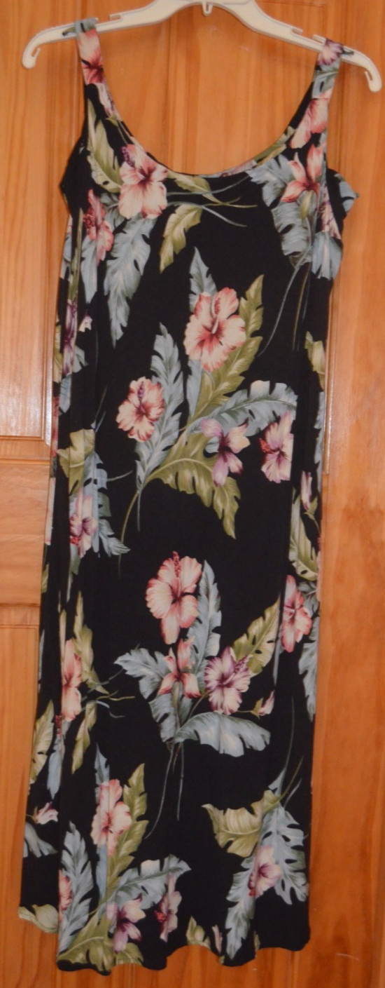 Coldwater Creek Summer Dress Casual Sleeveless Sundress Black Floral Rayon Sz L
