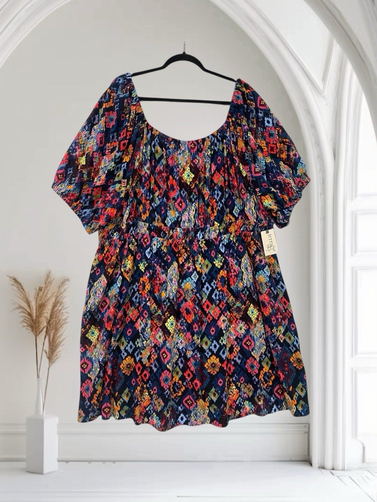 Womens Ikat Puff Sleeve Linen Blend Mini Dress Size 3X Tie Back Summer Boho NWT