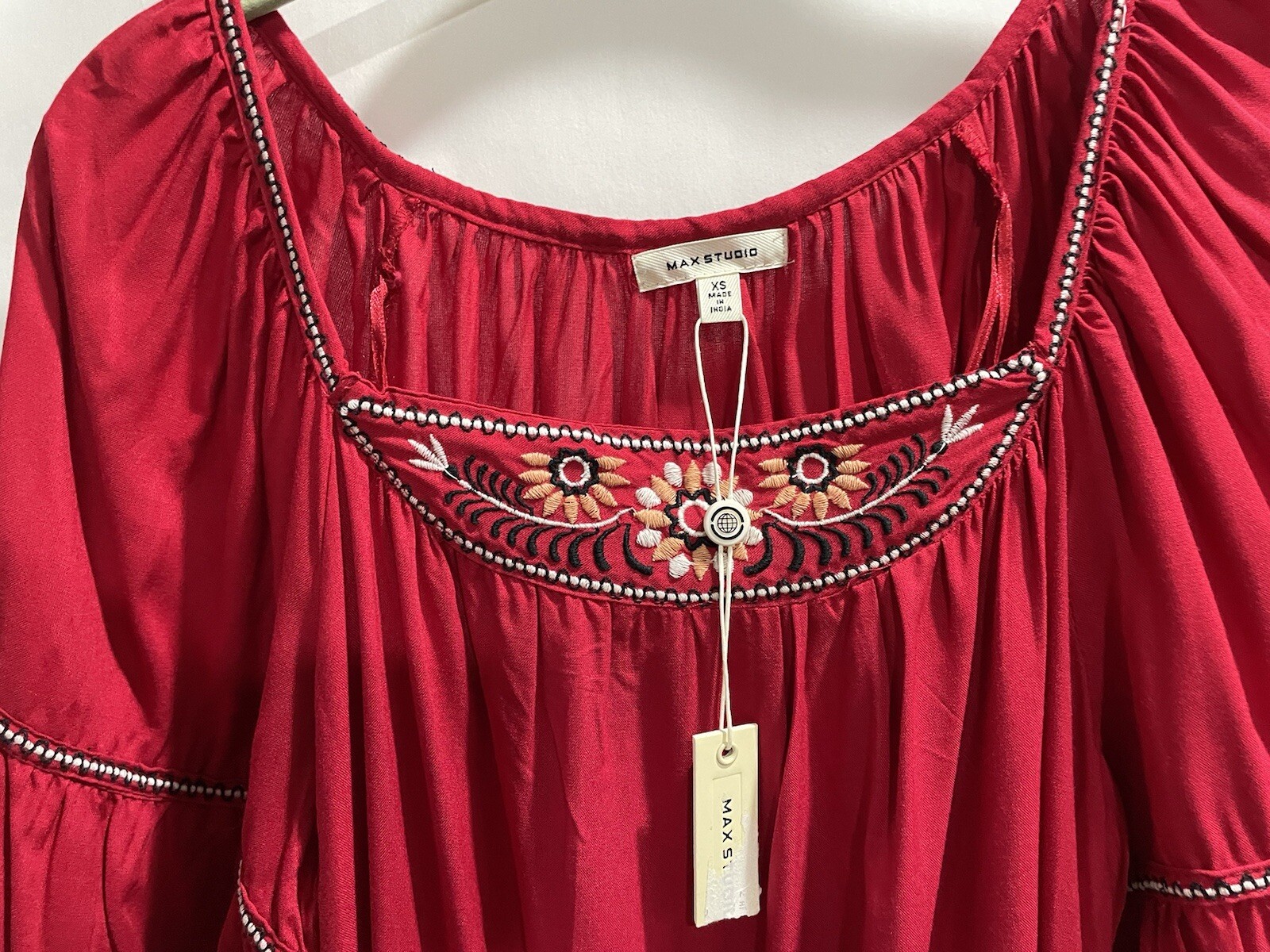 Max Studio Red Embroidered Dress Tunic XS Ruffle Short Sleeve Casual Summer