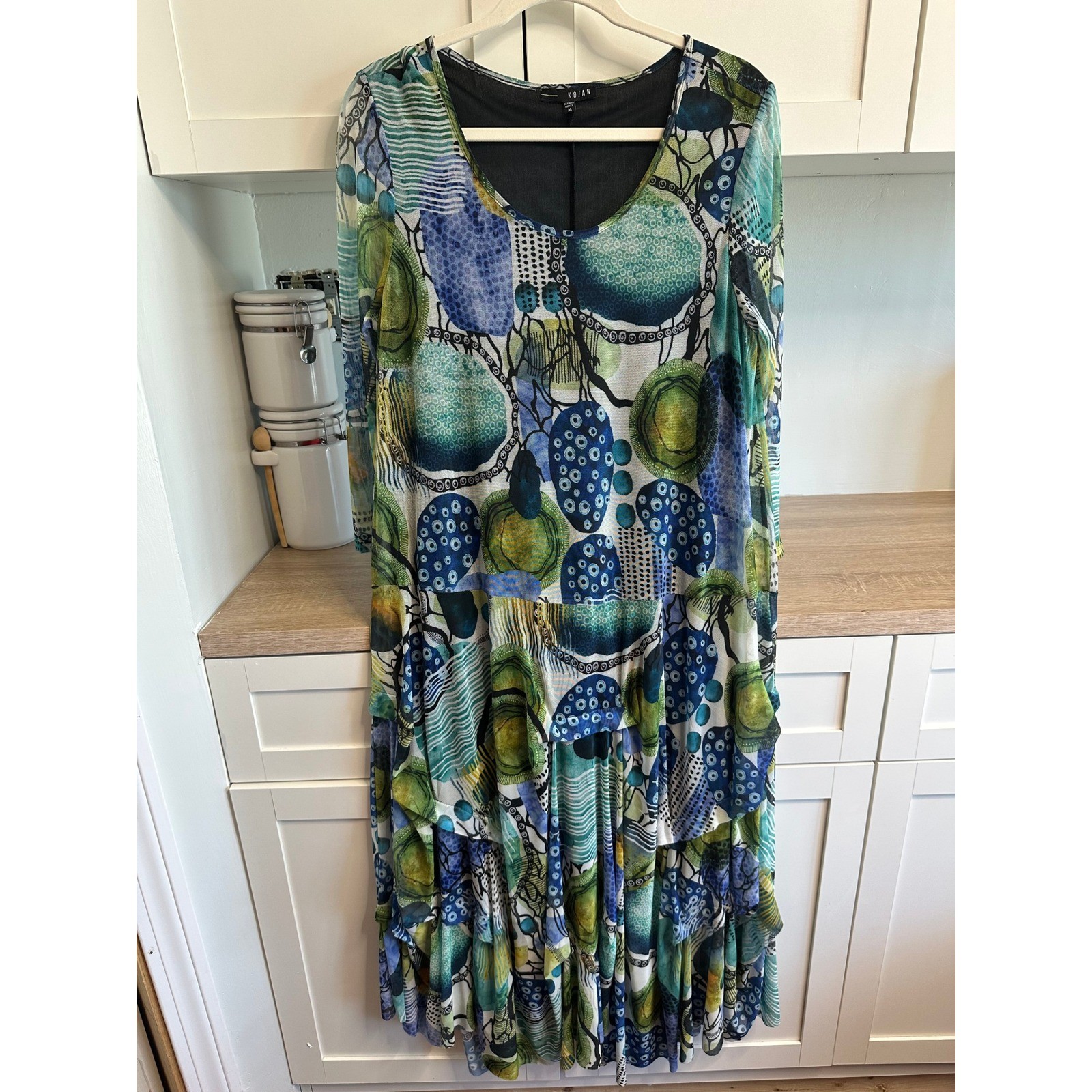 Kozan Artsy Print Mesh Dress Women M Jewel Tone Asymmetrical Stretch Long Sleeve