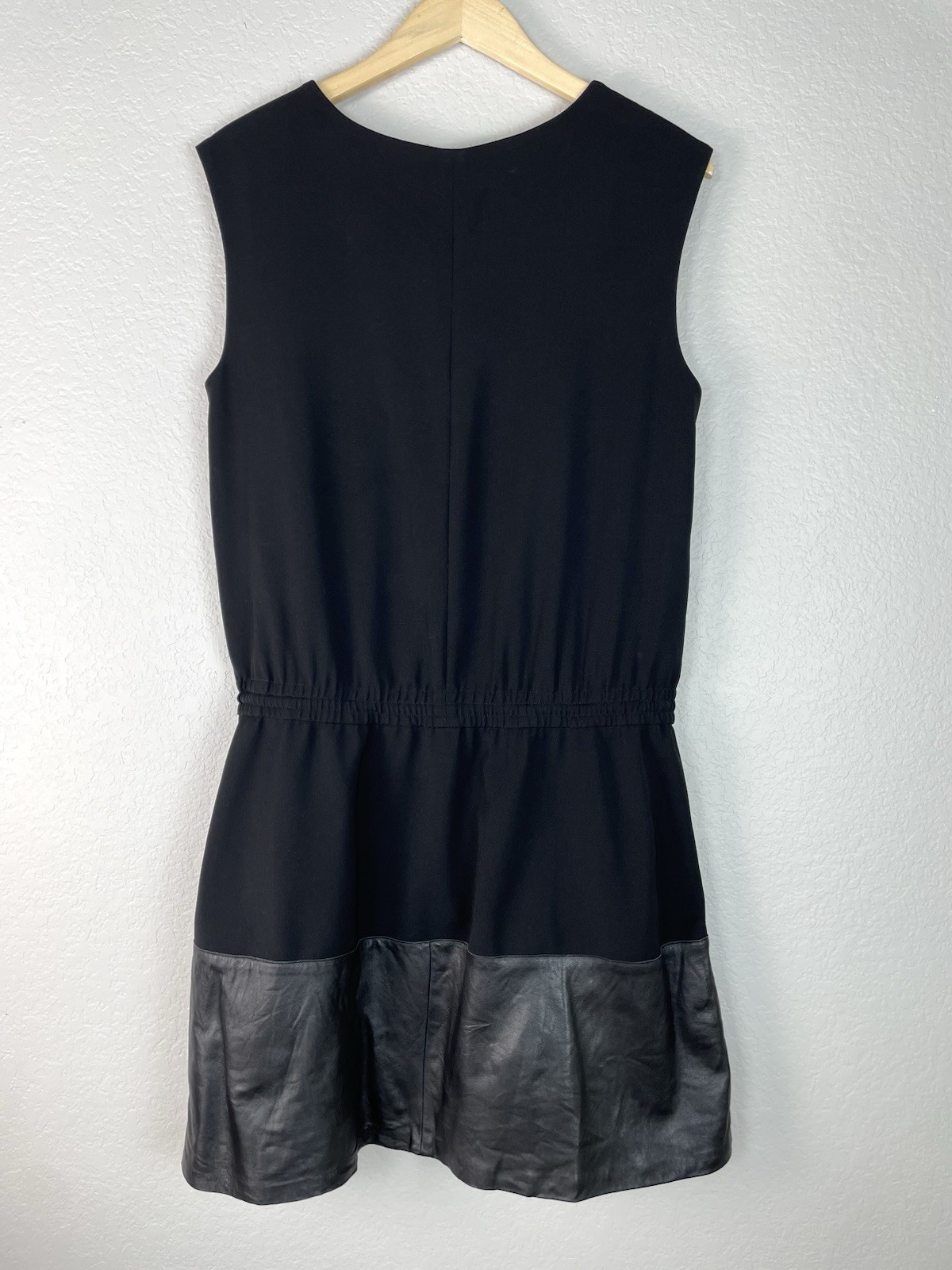 Vince Black Leather Hem Drawstring Mini Dress Sleeveless Pockets M LBD