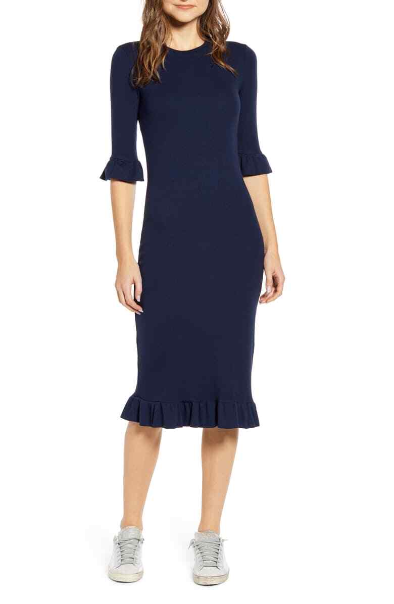 Womens Stateside Ruffle Midi Dress, Navy, Size Small