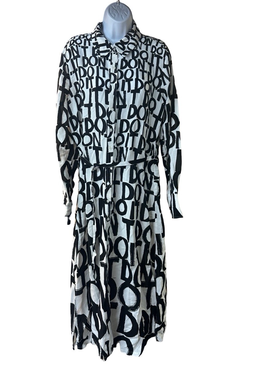 Desigual Letter Print Maxi Shirt Dress Tie Waist Black White Button Front XL