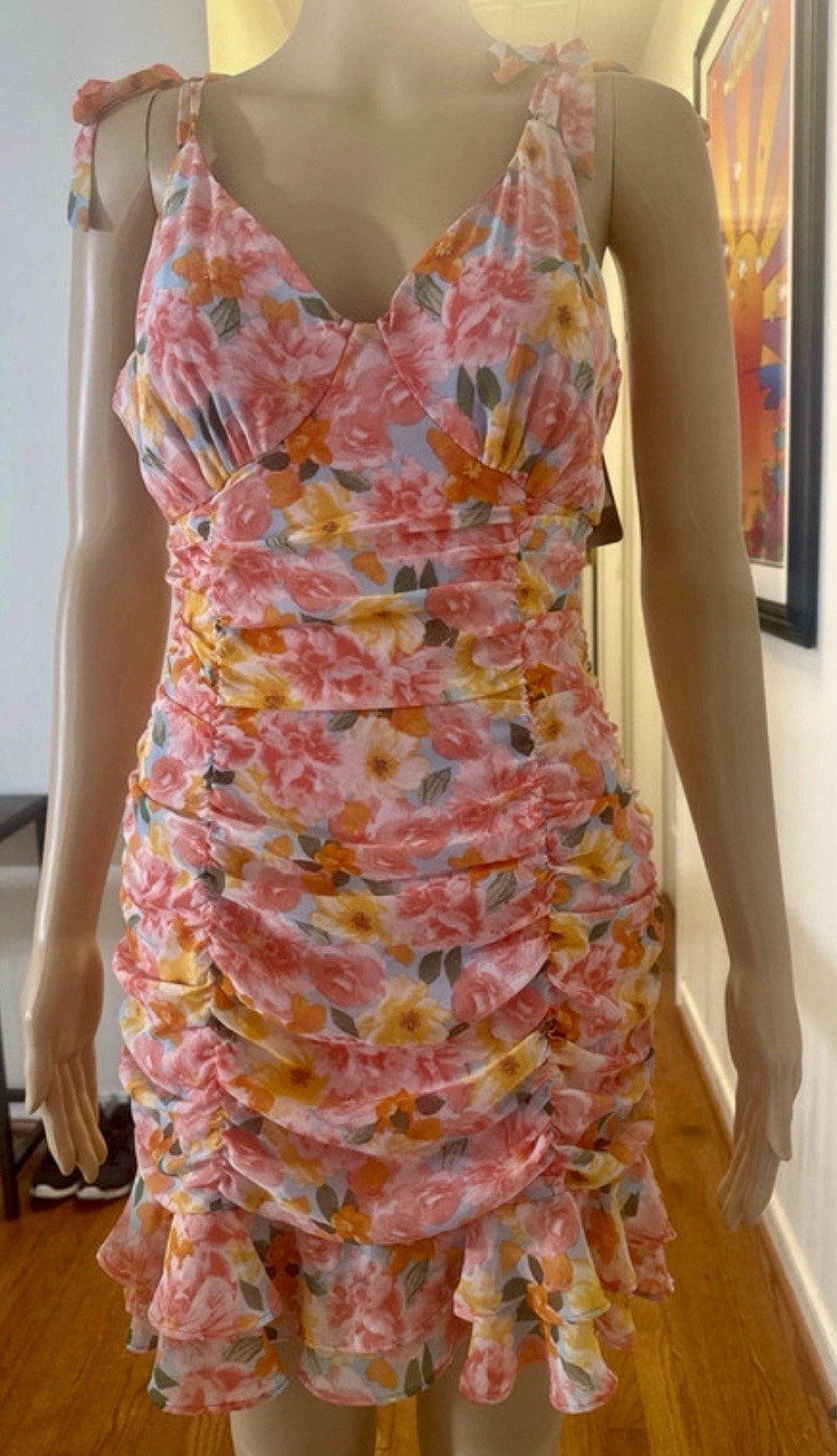 Pink Multicolor Chiffon Floral Ruched Ruffle V-Neck Mini Dress, Women’s S