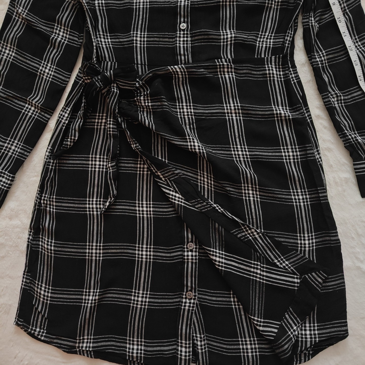 UntuckIt Tessa Plaid Black Button Up Collared Wrap Shirt Dress Small Long Sleeve
