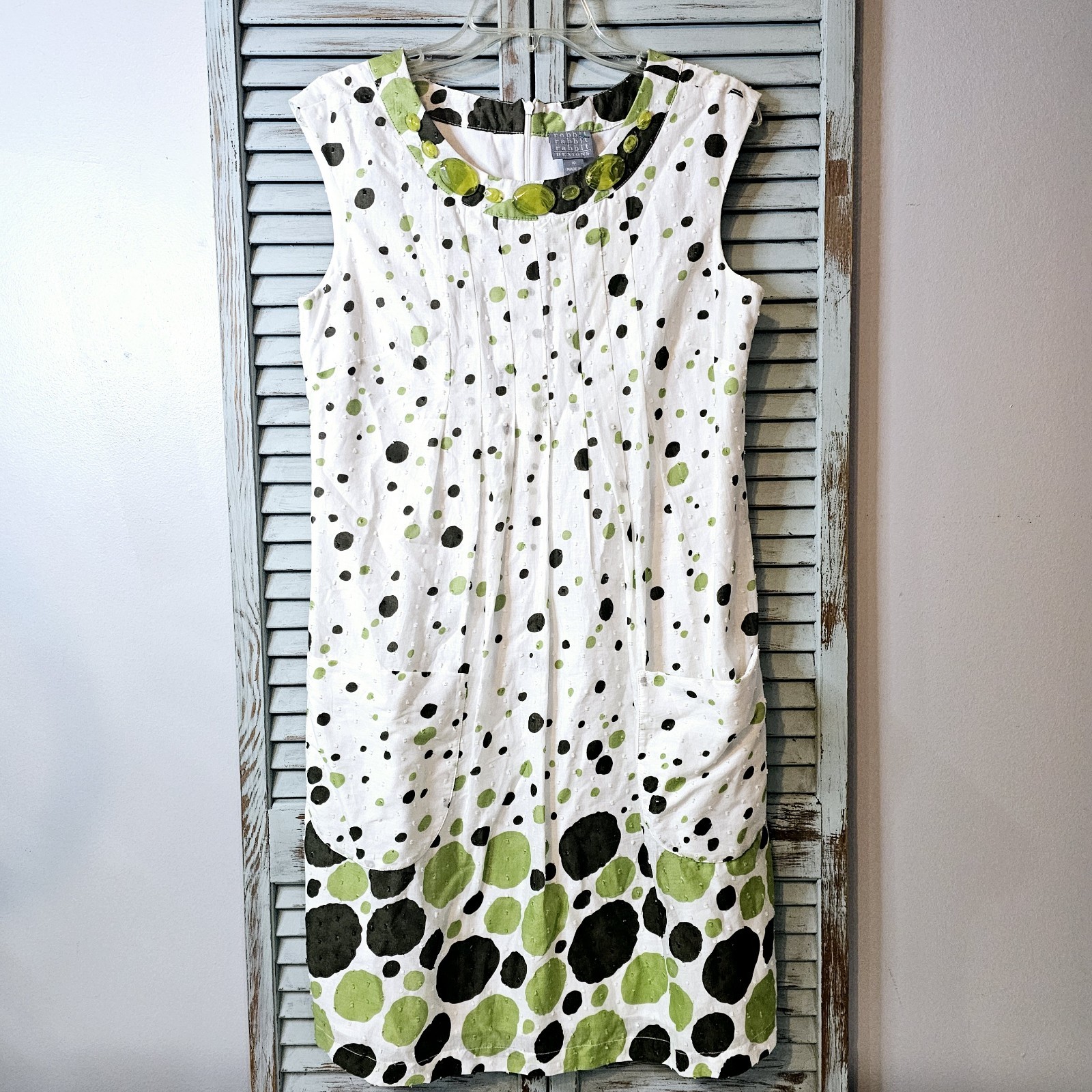 RABBIT RABBIT RABBIT DESIGNS ART DECO DRESS Women 10 White/Green Modern PolkaDot