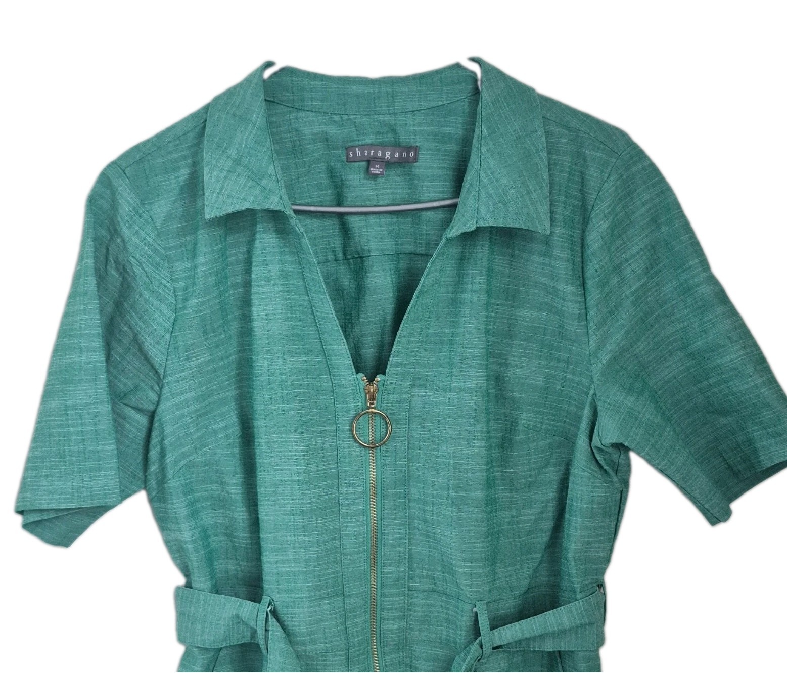 Sharagano Women’s Green Silk Jacket Dress Collared Zip Front Belted Size 14