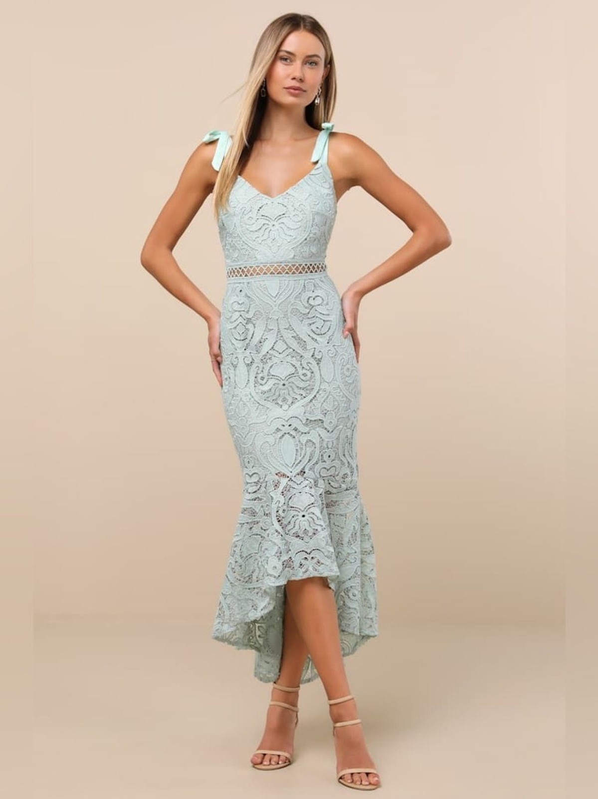 Lulus Won Your Heart Sage Green Lace Tie-Strap High-Low Midi Dress Size L NWT