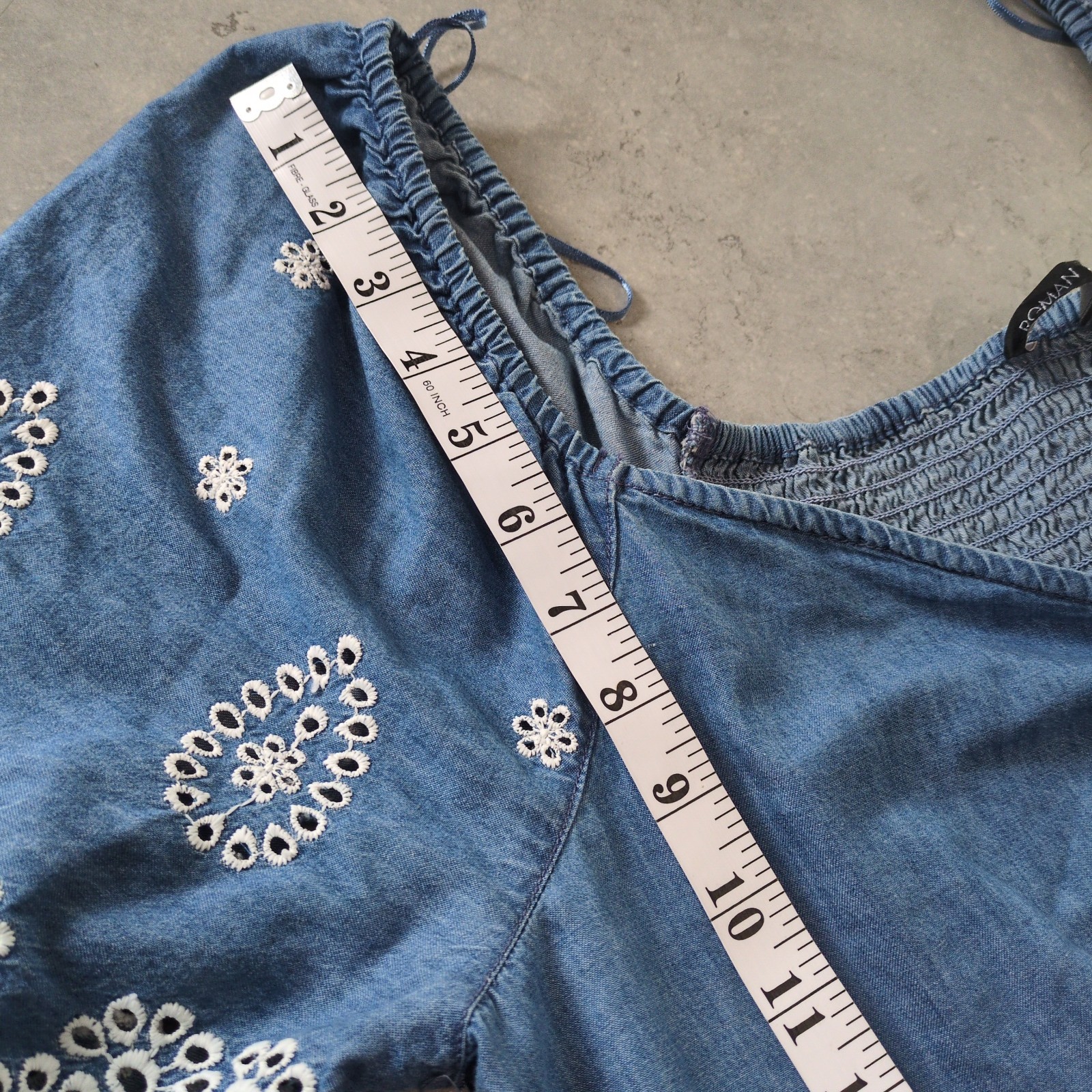 Roman Size 20 Short New Cotton Chambray Dress Embroidered Sleeves Milkmaid Style
