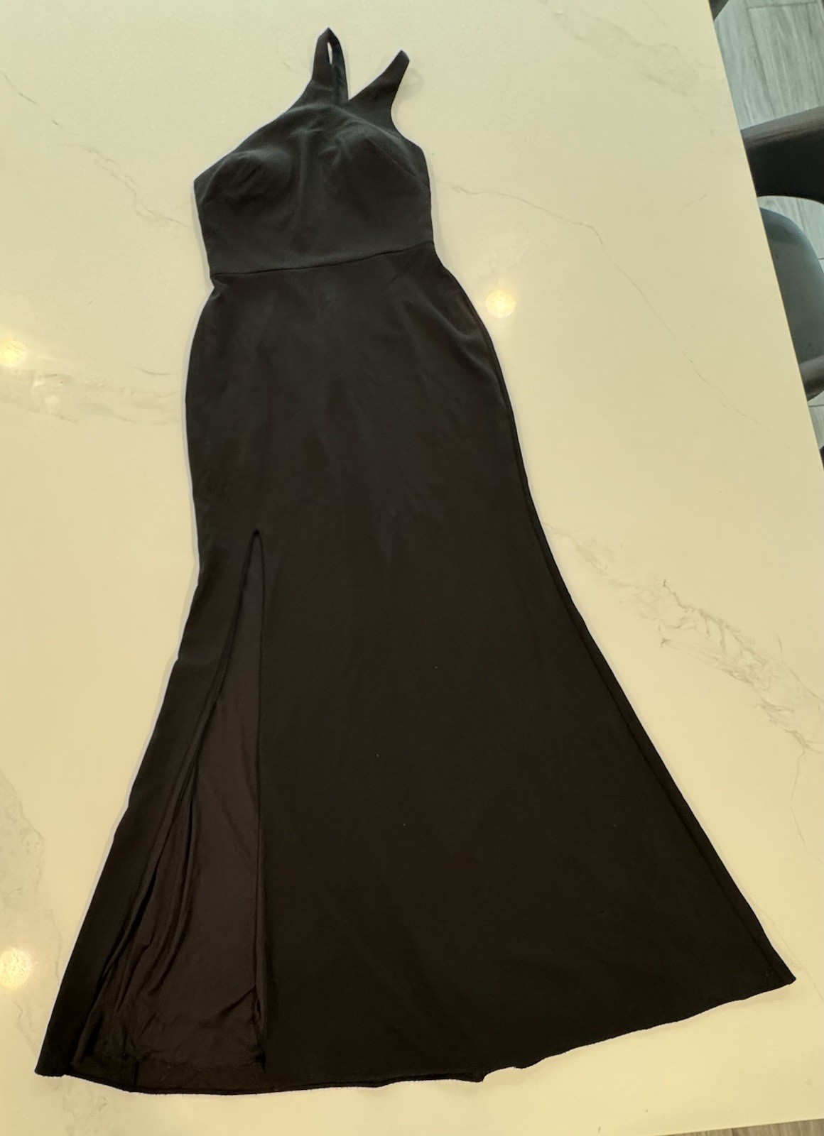 DB Studio size 6 Formal Dress black front slit zipper back built-in cups maxi