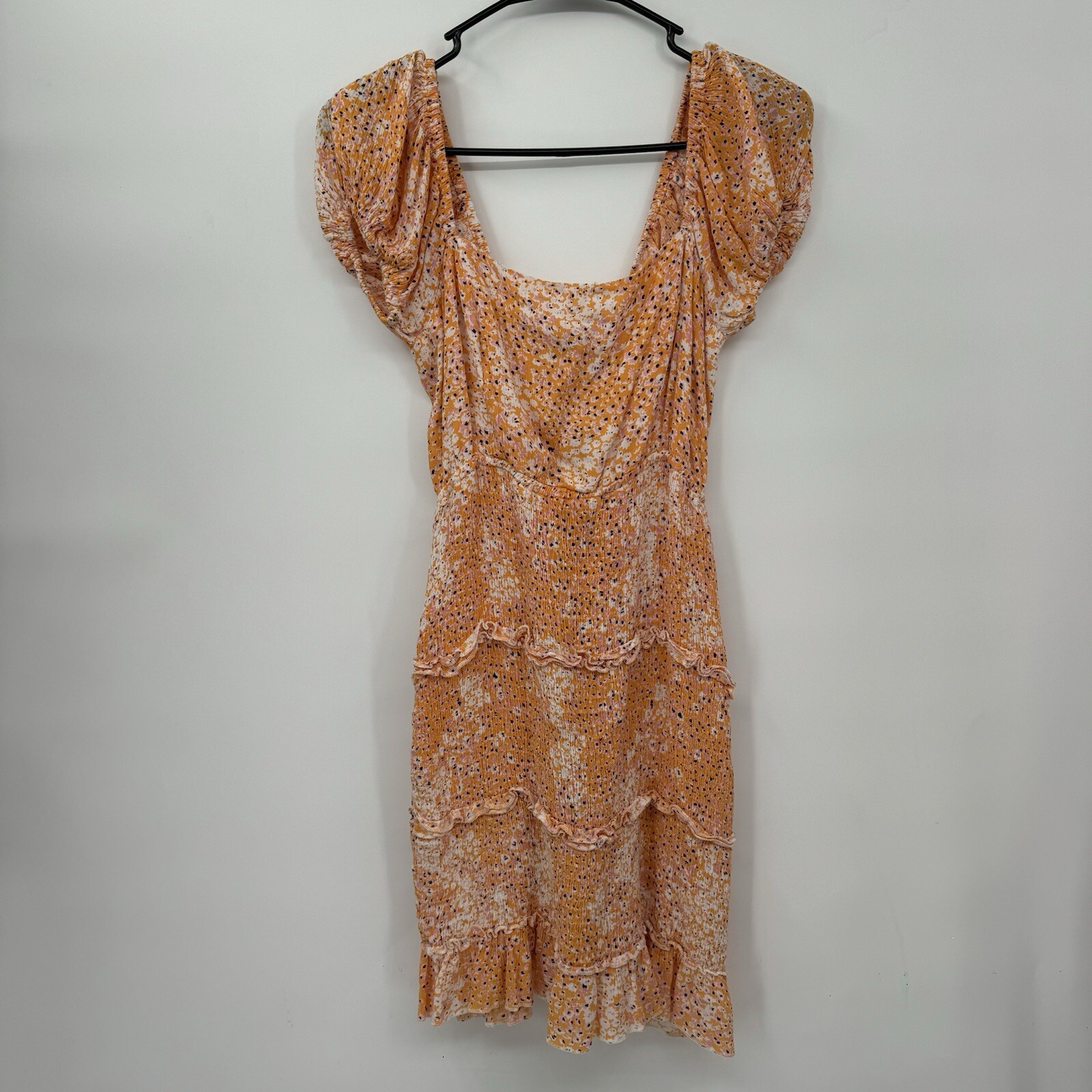 Sim & Sam Medium Floral Mini Dress Womens Orange Smocked Tiered Ruffle Puff