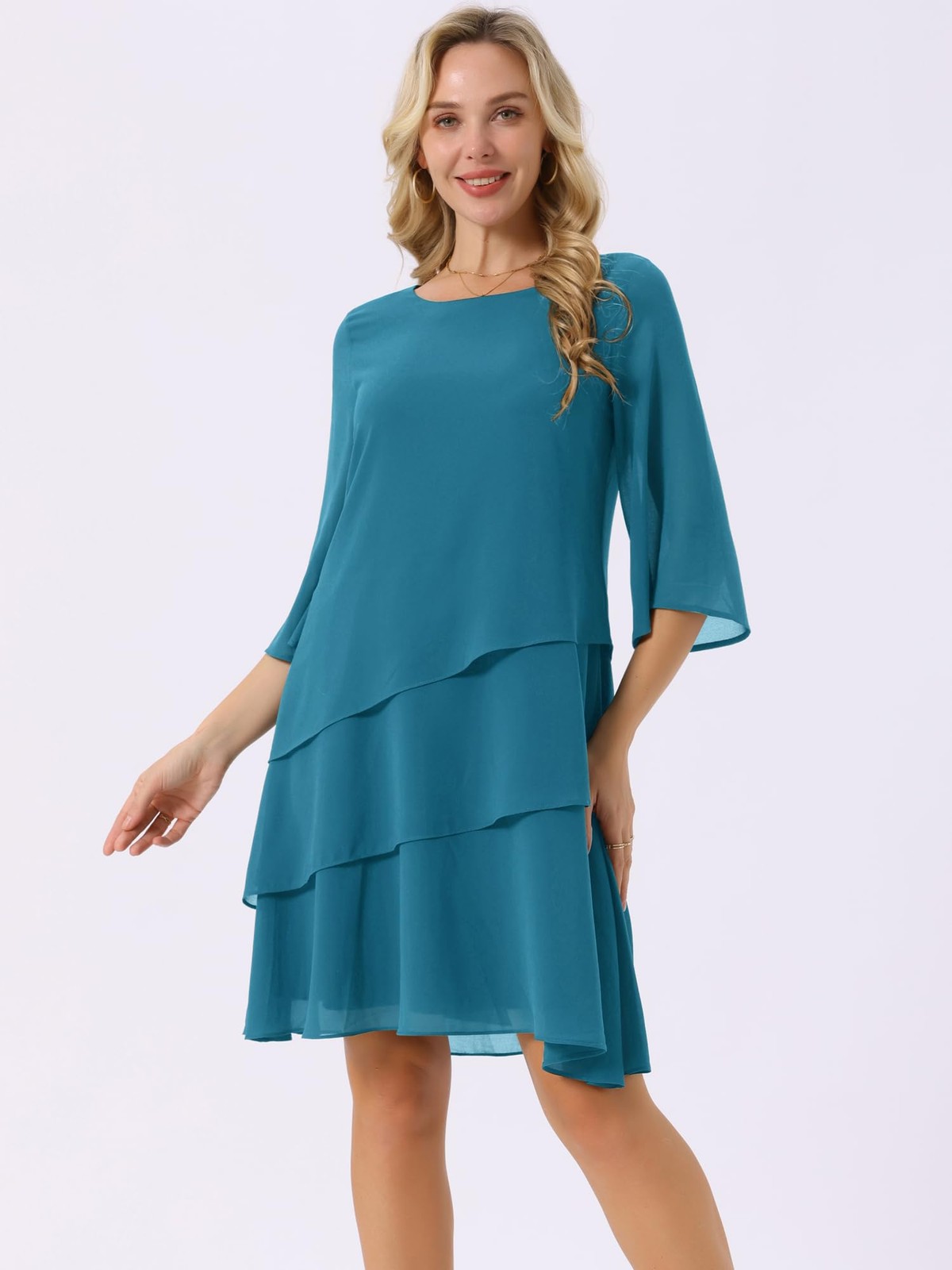Seta T Women’s Chiffon Dress Large Lake Blue 3/4 Sleeve Tiered Flowy Fit SIZE XL