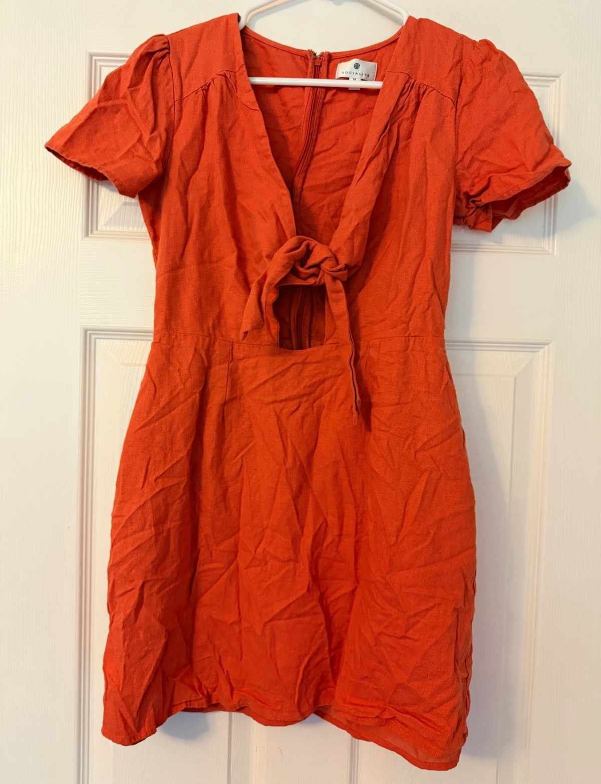 Socialite Orange linen blend Mini Dress with tie front, back zipper, Size M