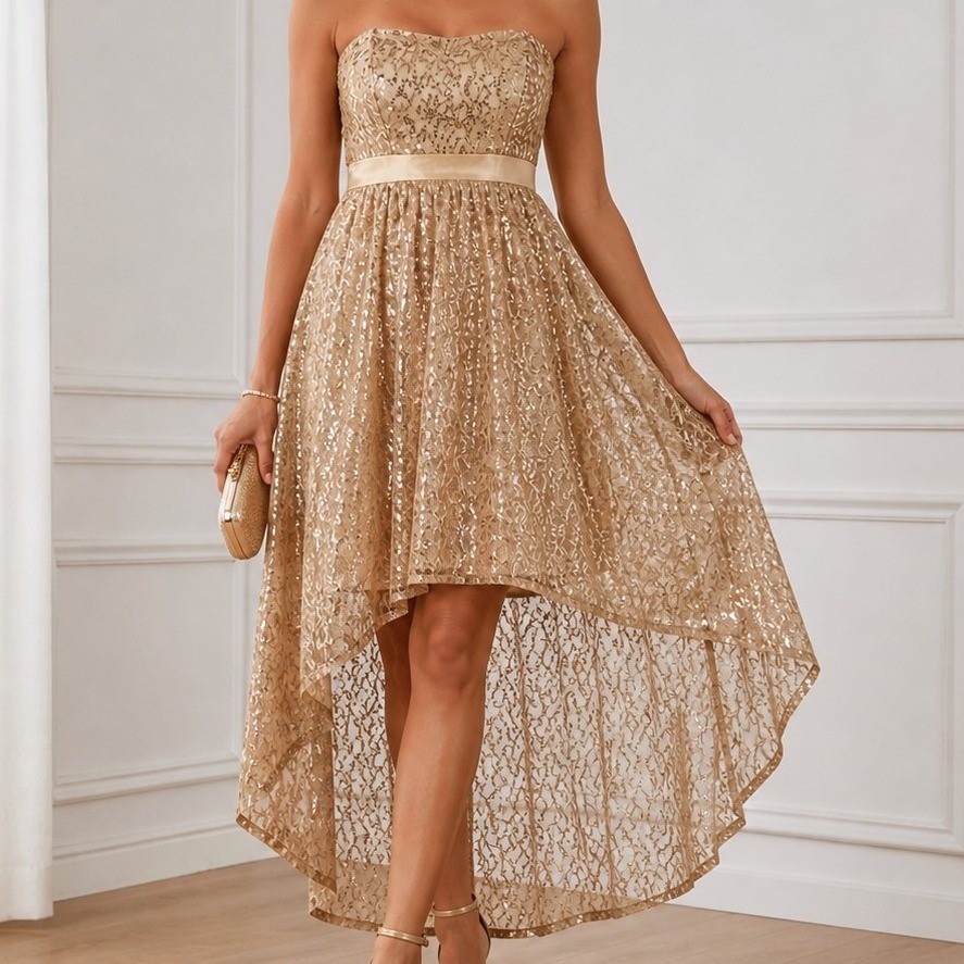 Jump Apparel Gold Sequin Lace Strapless Hi Low Dress Formal Evening Sz 13/14