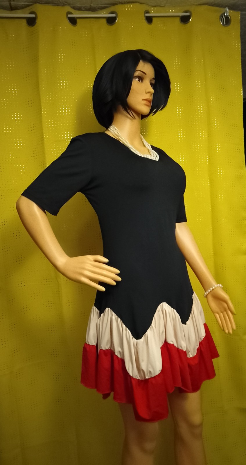 Women’s Black Colorblock Shift Dress Red/White Ruffle Hem Short Sleeve 3XL