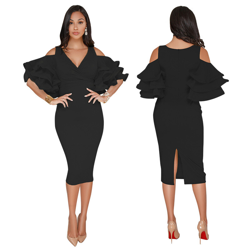 Women’s Off-Shoulder Lotus Leaf Sleeves Skinny Prom Gala Dress Slit Skirt –