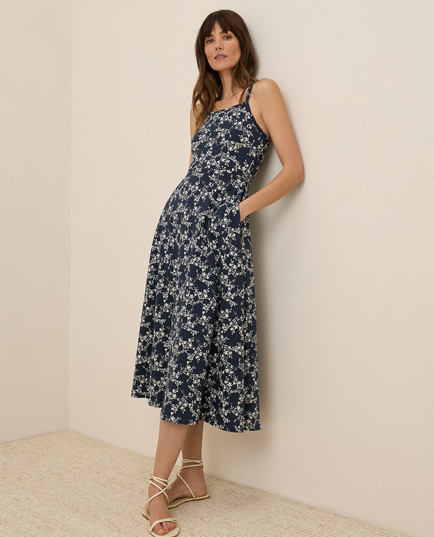 NEW PACT Organic Fit & Flare Midi Dress, Bouquet Blooms Midnight Blue