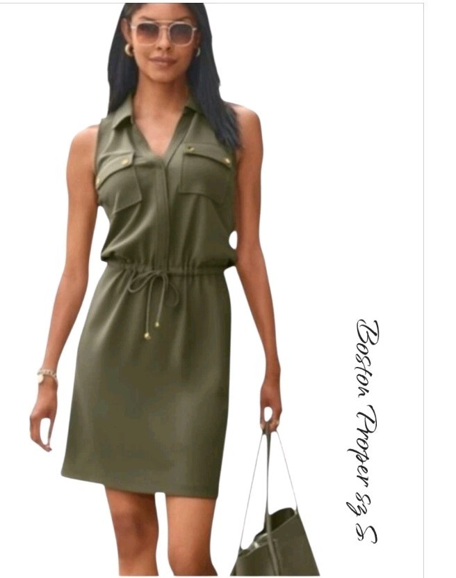 Boston Proper Beyond Travel Drawstring Utility Dress Olive Green sz S