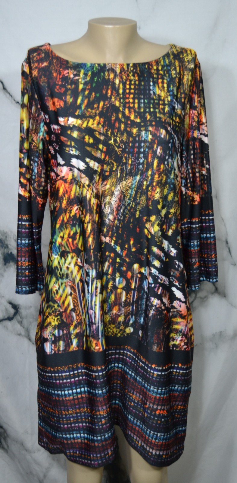 ISLE BY MELIS KOZAN Black Multicolor Multiprint Dress Large 3/ Sleeves Unlined