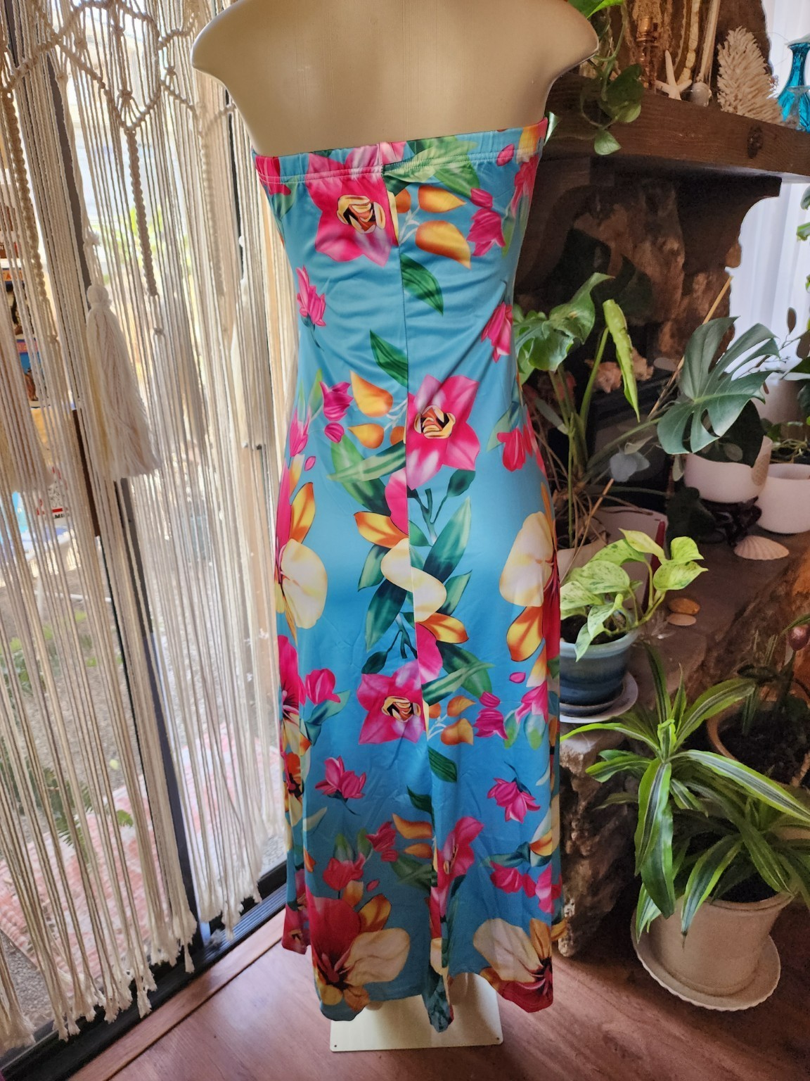 Women’s S Strapless Tropical Floral Maxi Dress Blue Pink Wrinkle Resistant