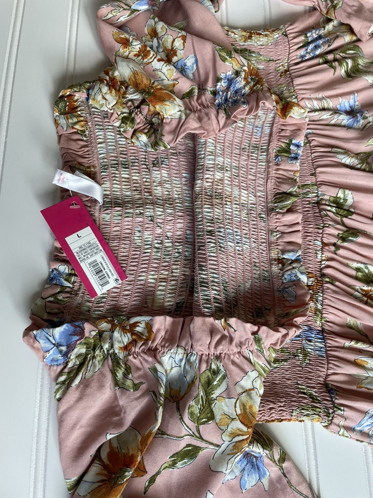 NWT Pink Garden Floral Smocked Sz L Dress Square Neck Long Bell Sleeve Country