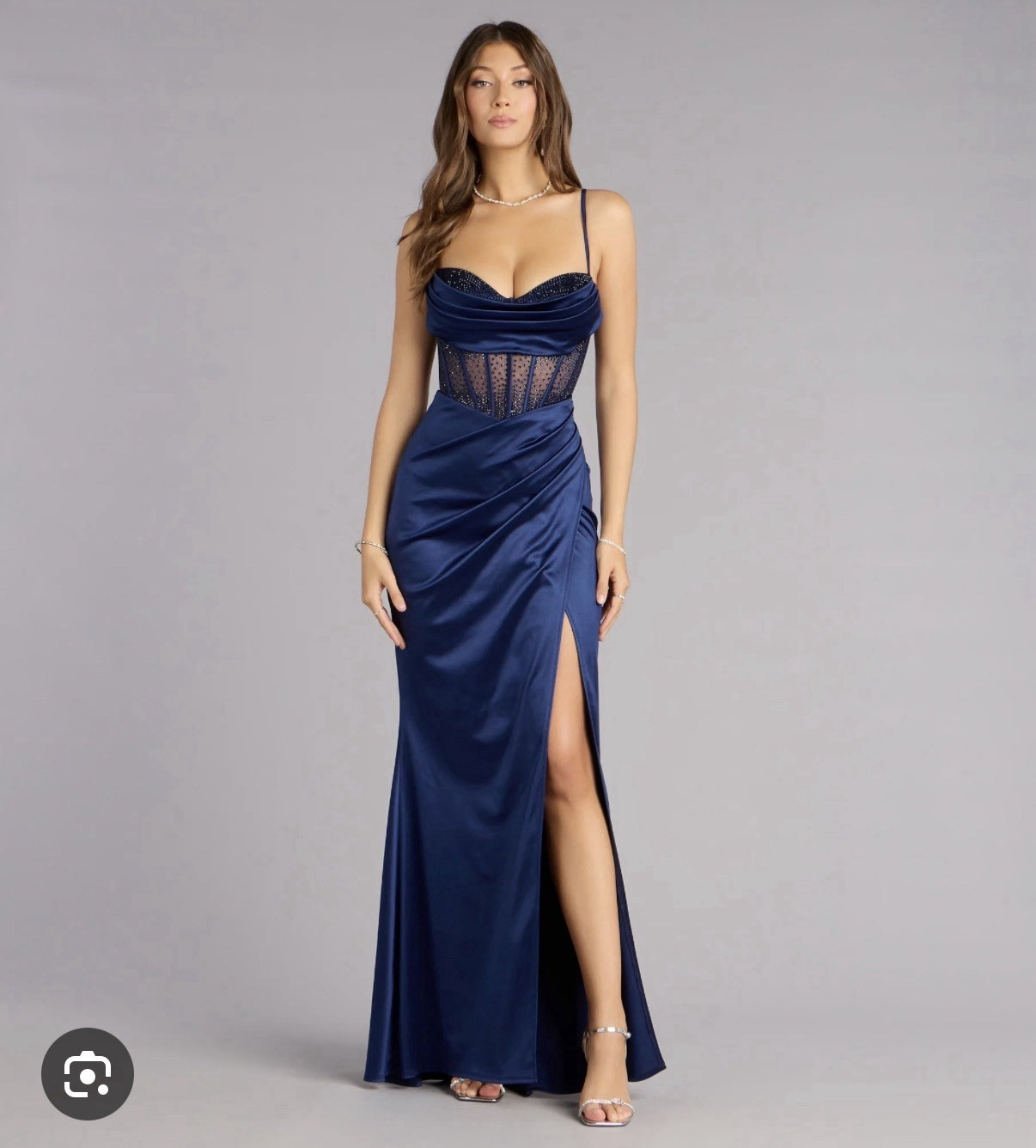 Windsor Navy Satin Beaded Sweetheart Gown Side Slit Lace-Up Back XL