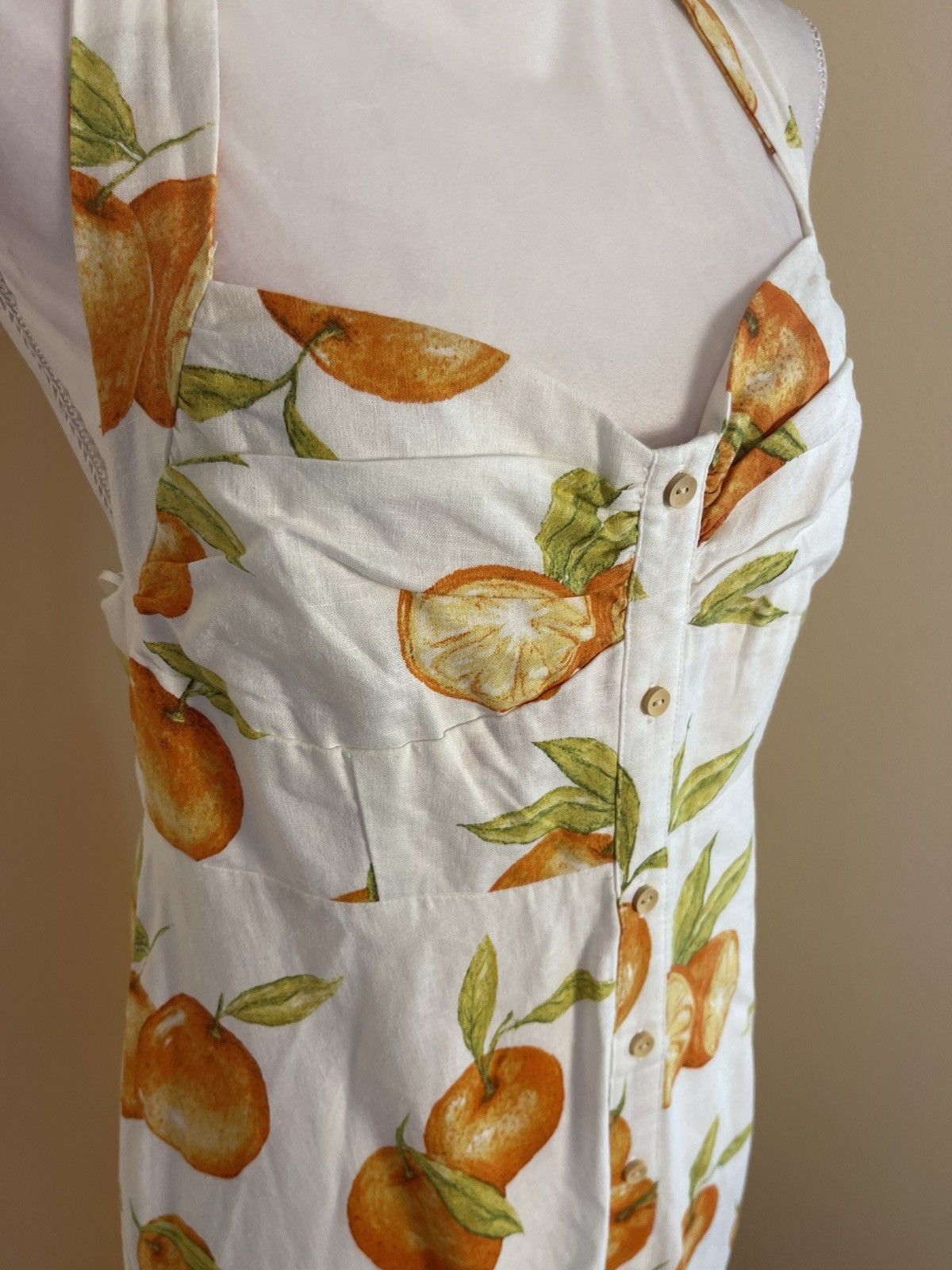 Zara Linen Blend Orange Citrus Print Halter Midi Dress Coastal Euro Summer M NWT