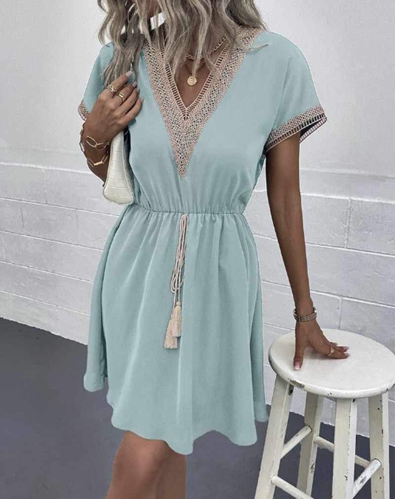 V NECK Summer DRESS WOMEN Short Sleeve Casual Solid Color Ruffle Midi Dresses