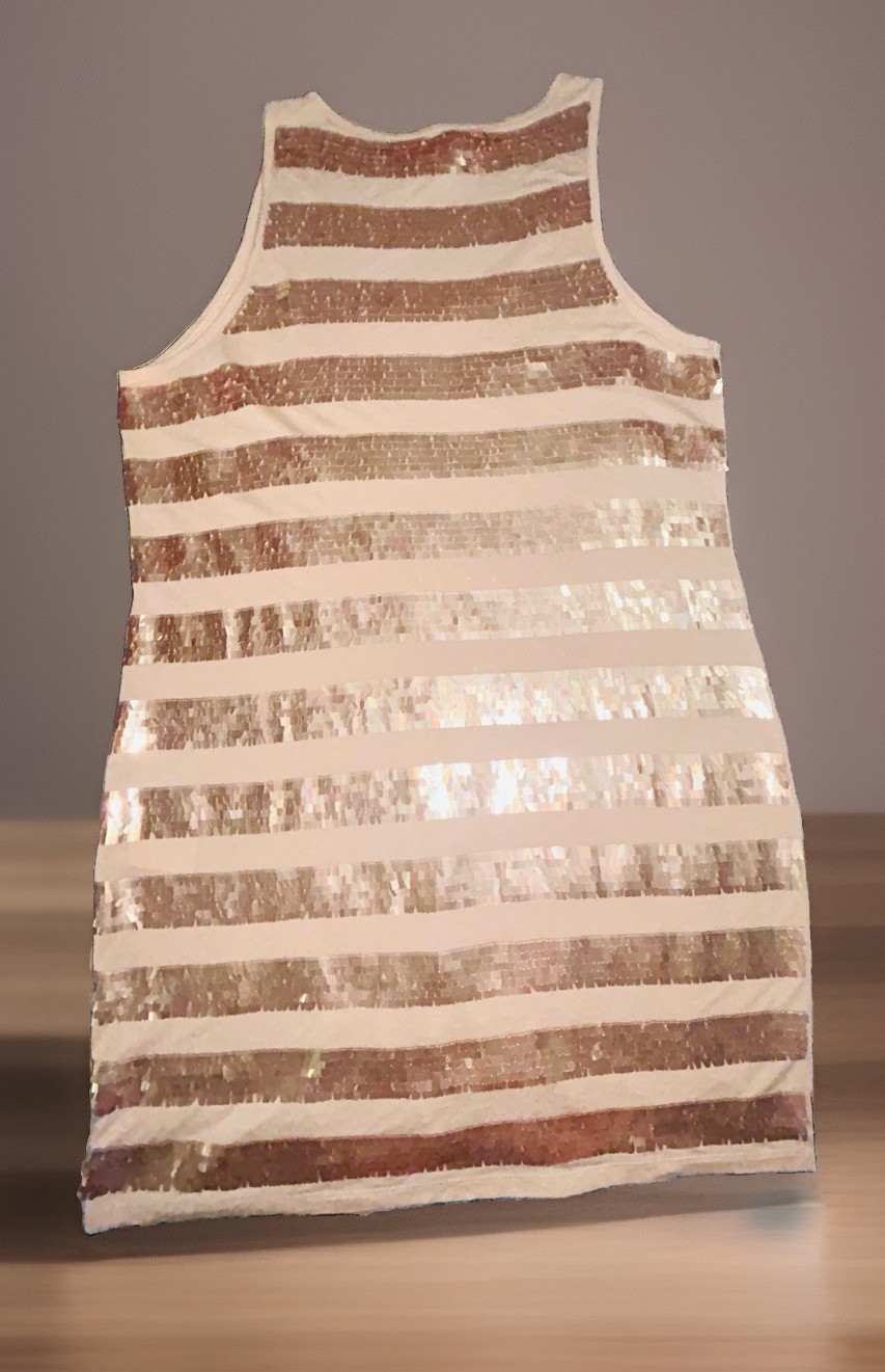 $150 Michael Kors Dress XL Tan Gold Sequin Striped Sleeveless Stretch Versatile