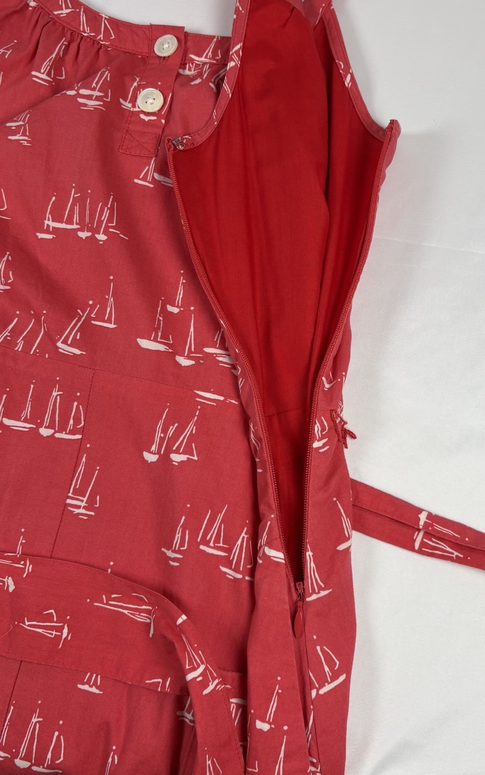 Land’s End Canvas Red Sailboat Print Lined Cotton Sundress Belt Zip Sz 0 Resort