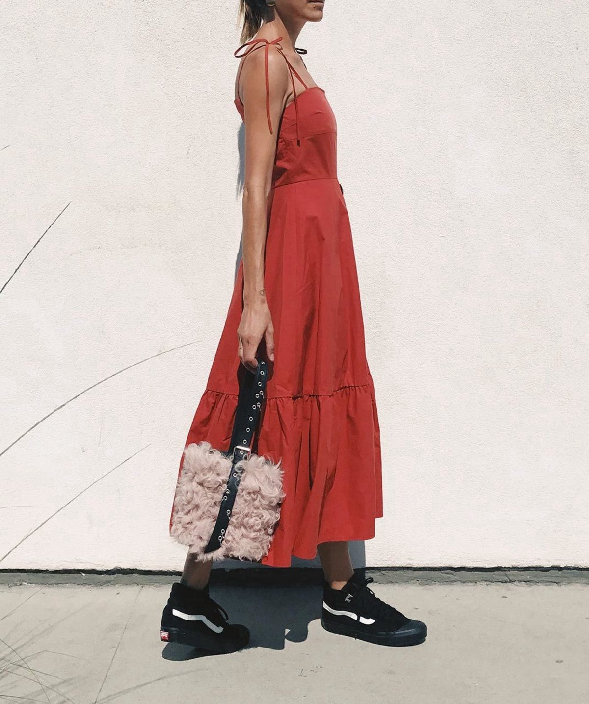 $670 REJINA PYO Maria Rust Red Poplin Tie Strap Button Midi Dress UK10 US6