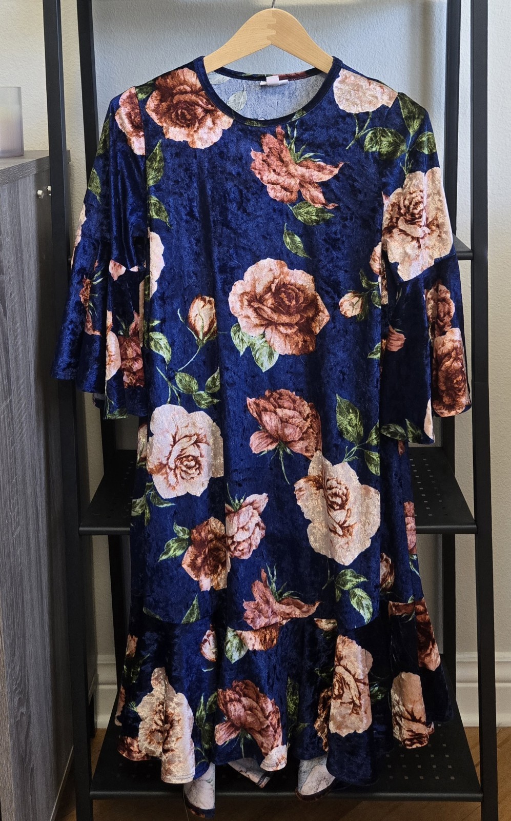 LuLaRoe Velvet Rose Print Dress Navy Blue Ruffle Hem Bell Sleeve Size S