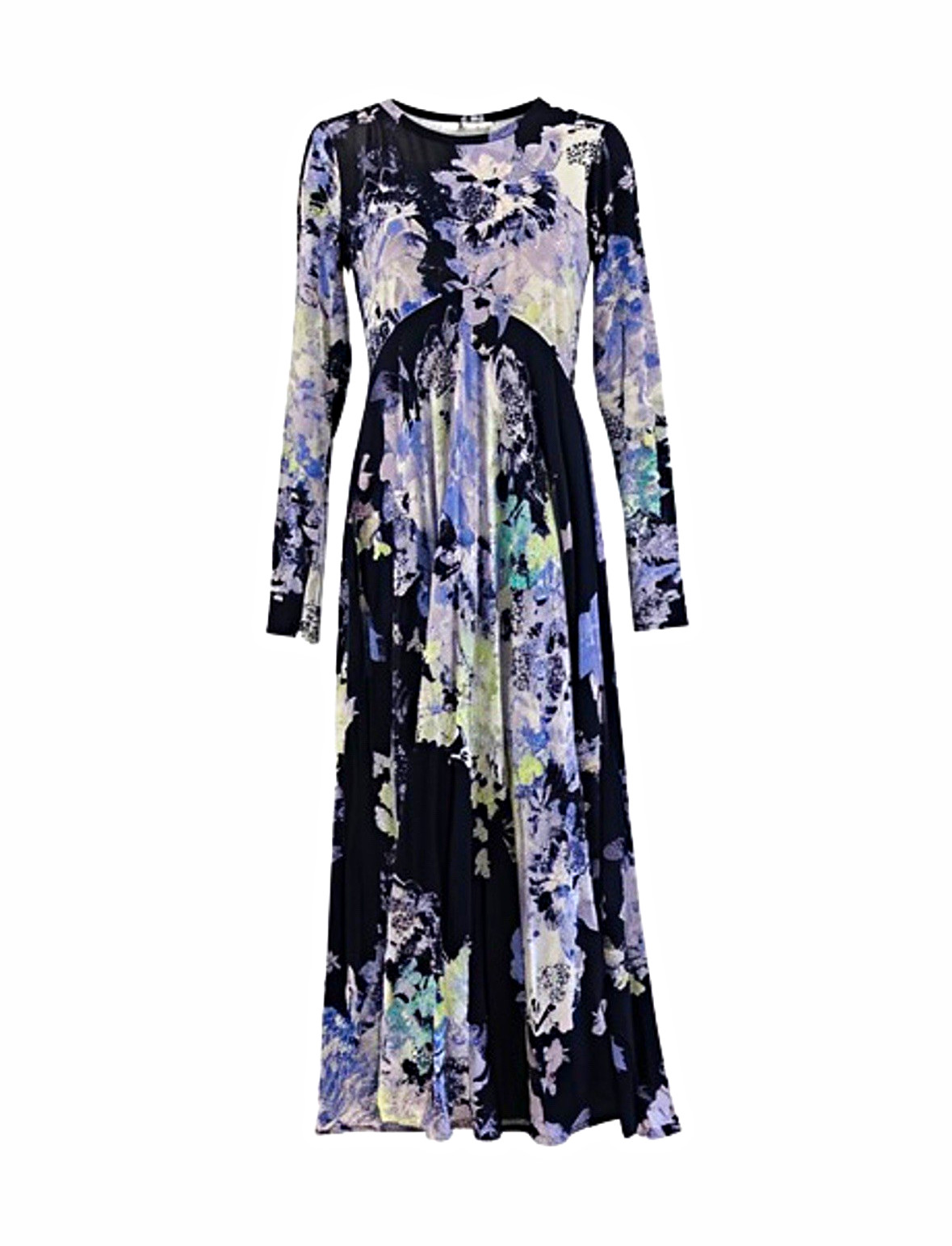 Custommade XS Navy Purple Floral Cotton Maxi Dress Long Sleeve Round Neck Button