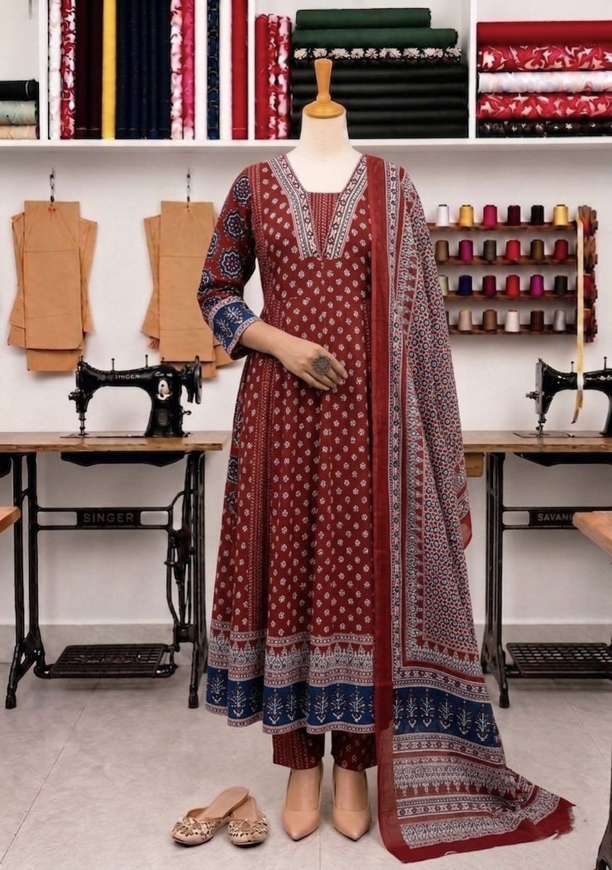 Boho Ethnic wear Women’s Anarkali cotton Kurta with Pant and Dupatta set