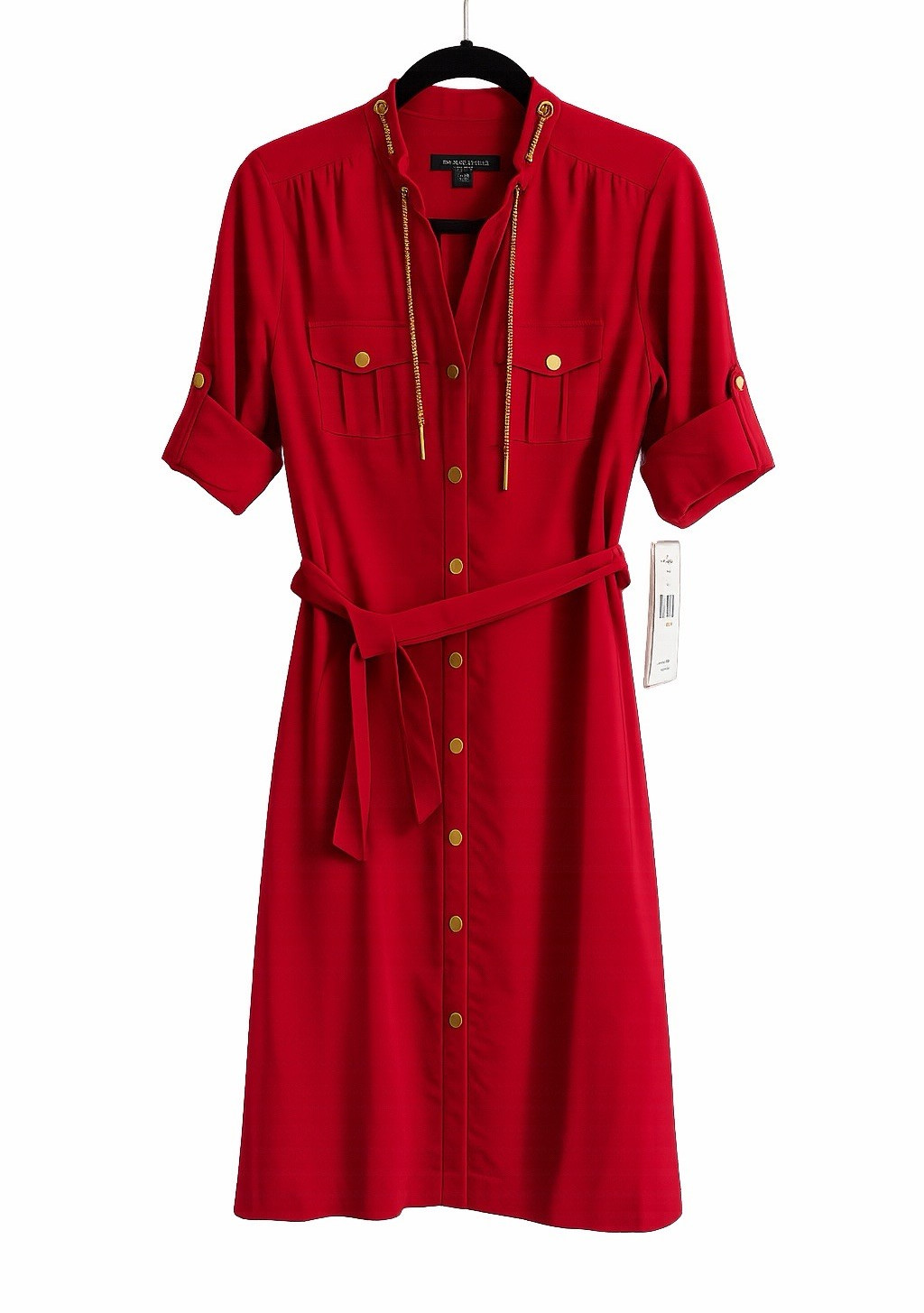 Sharagano Red Shirt Dress Button Front Belted Stretch Size 4 3/4 Sleeve